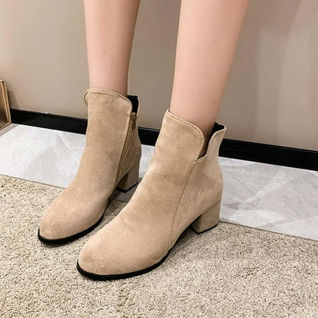 

Tdoqot Winter Boots for Women- Christmas Gifts Mid-Heel Warm Chunky Heel Women s Ankle Boots Beige 36