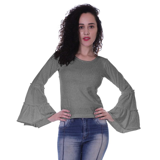 Moomaya T-Shirt à Manches Longues Évasées pour Femmes, Col Rond, Uni, Coupe Décontractée, T-Shirt d'Été