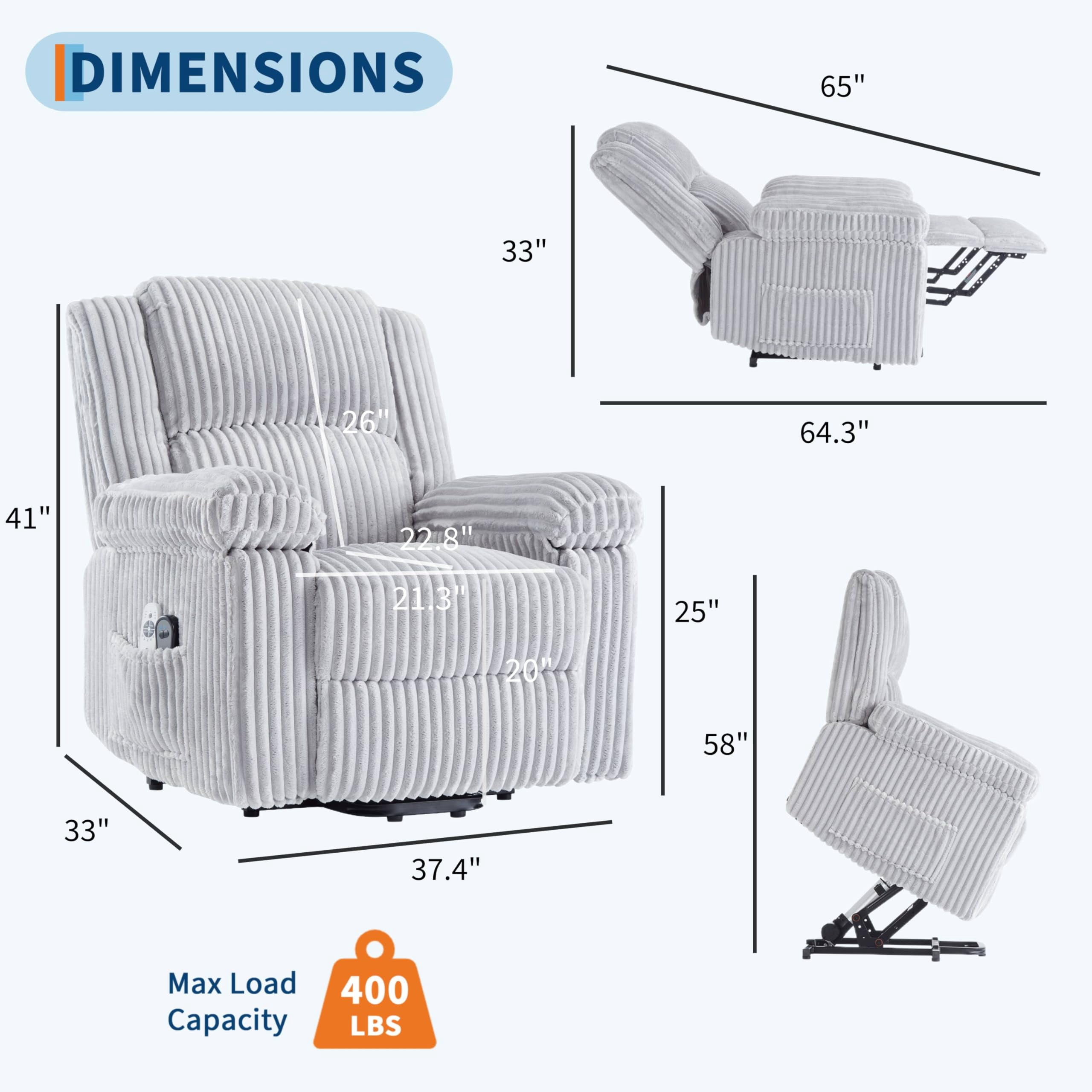 Garvee Electric Power Lift Recliner Chair Sofa with Massage and Heat,4 Positions,Side Pockets,Grey