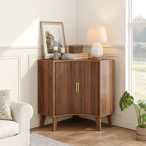 LSKTGA Fluted Corner Cabinet, Wooden Corner Storage Cabinet with Sliding Doors, Freestanding Narrow Storage Organizer, Modern Storage Cabinet for Small Space, Walnut