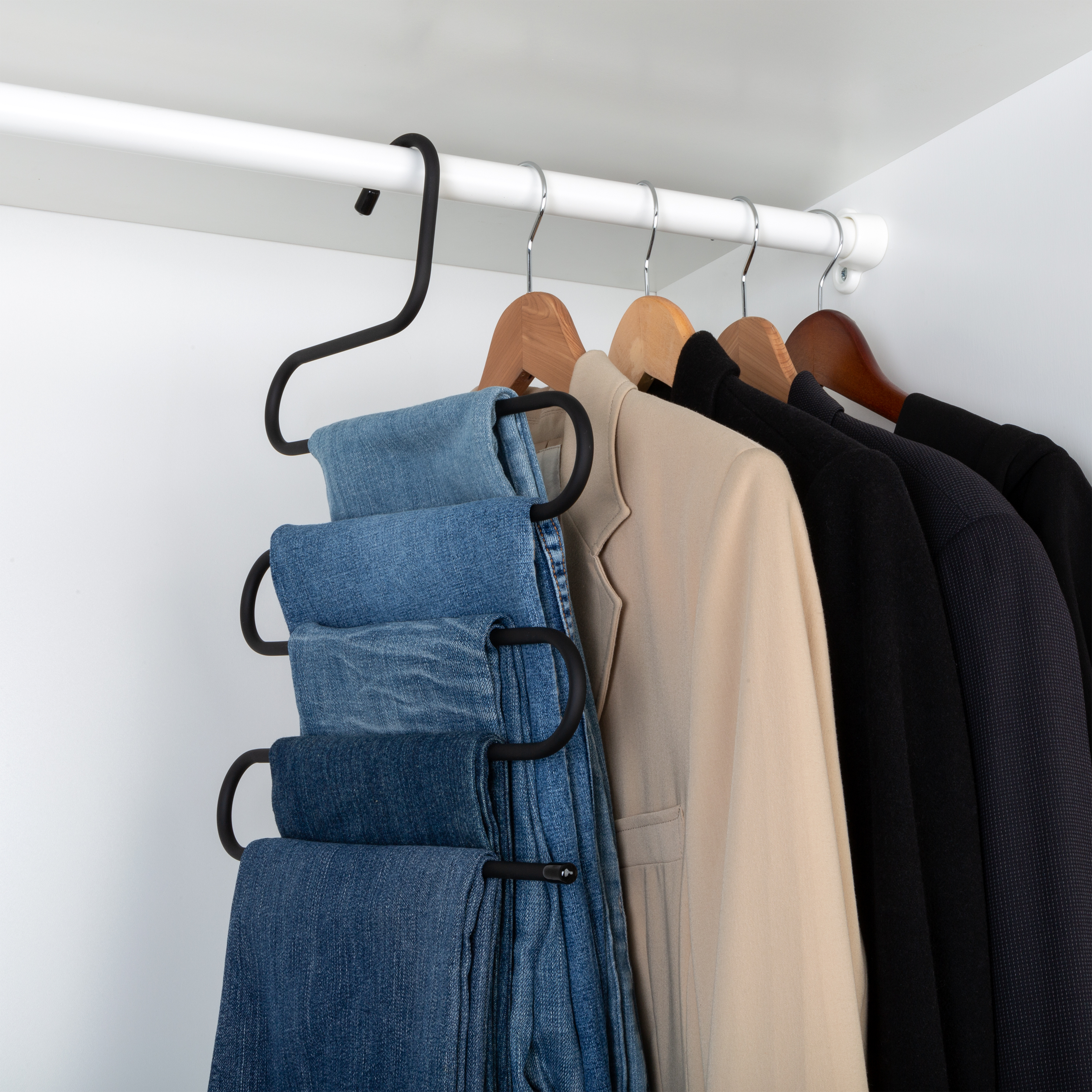 Smart Design Rubberized Stainless Steel Pant Hangers - Set of 3 - Sturdy Space Saving 5-Tier S-Type Rack - Metal Closet Organizer for Multiple Jeans, Clothes, Skirts and Trousers Storage - Black