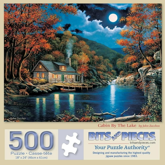 Bits and Pieces - 500 Piece Jigsaw Puzzle for Adults - 18" x 24" - Cabin by The Lake - 500 pc Autumn Fall Nighttime