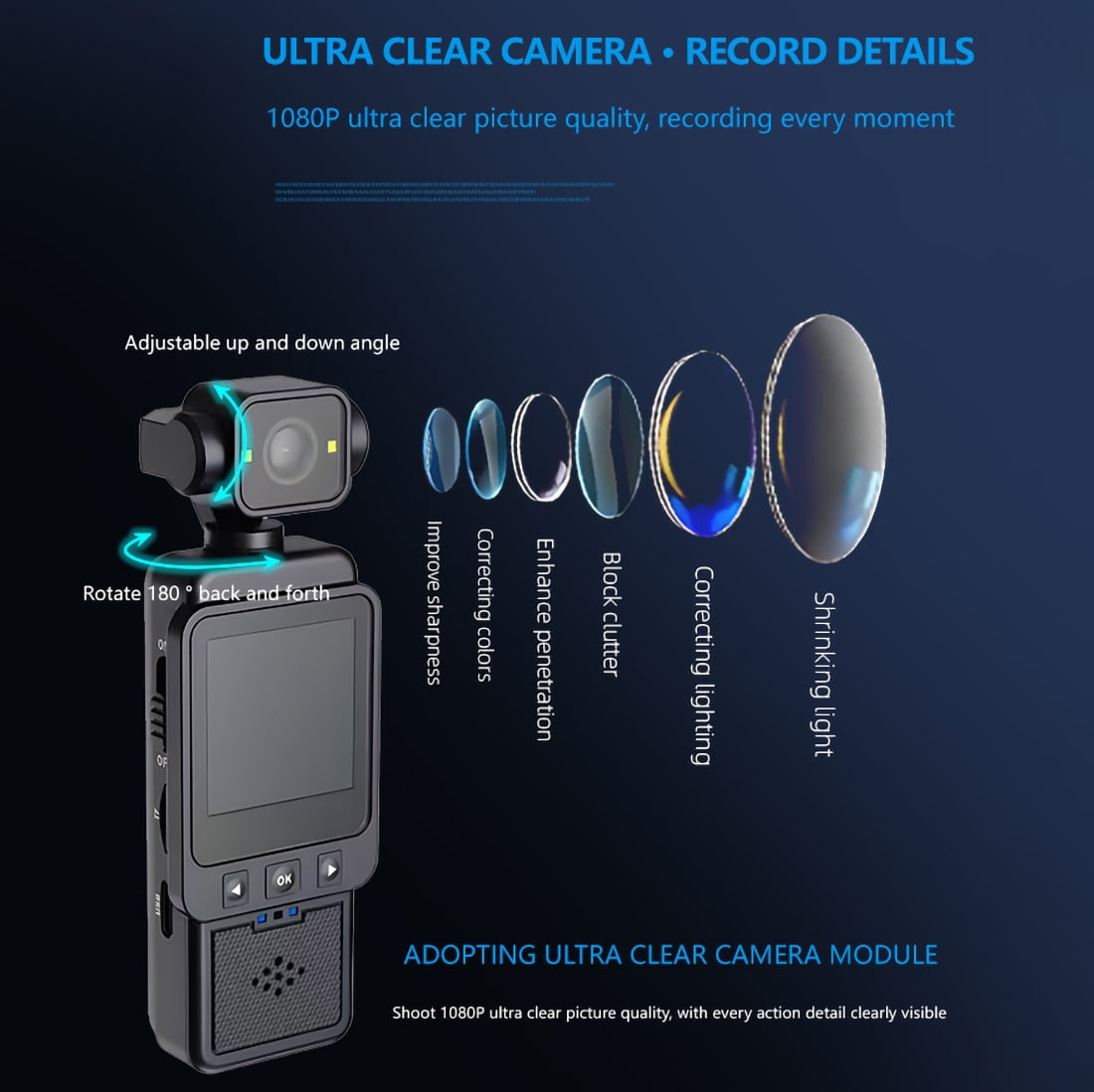 Mini Body Camera, 1080P FHD WiFi Video Camera with Audio and Photograph, Clip Pocket Vlog Camera for Daily Work Serving Records,180° Rotating Head, 120° Wide Angle, Built-in Flash, 64GB Card