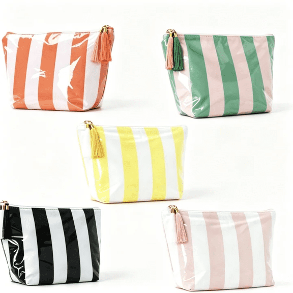 Waterproof Travel Toiletry Bag Large Capacity PVC,Clear Zippered Cosmetic Organizer,Portable Striped Makeup Pouch for Bathroom Vanity Orange