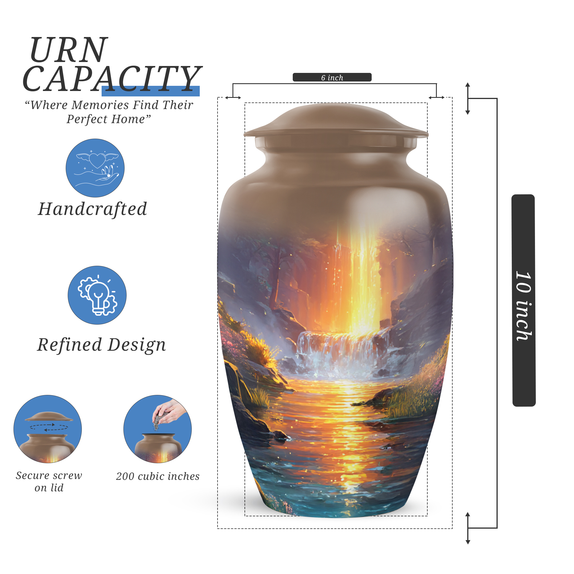 Waterfall Cremation Urn For Human Ashes Female, Brown Urn For Human Ashes Adult Male, Large Decorative Urns For Man And Woman, Funeral Urns For Adult Female Mother, 10 Inch