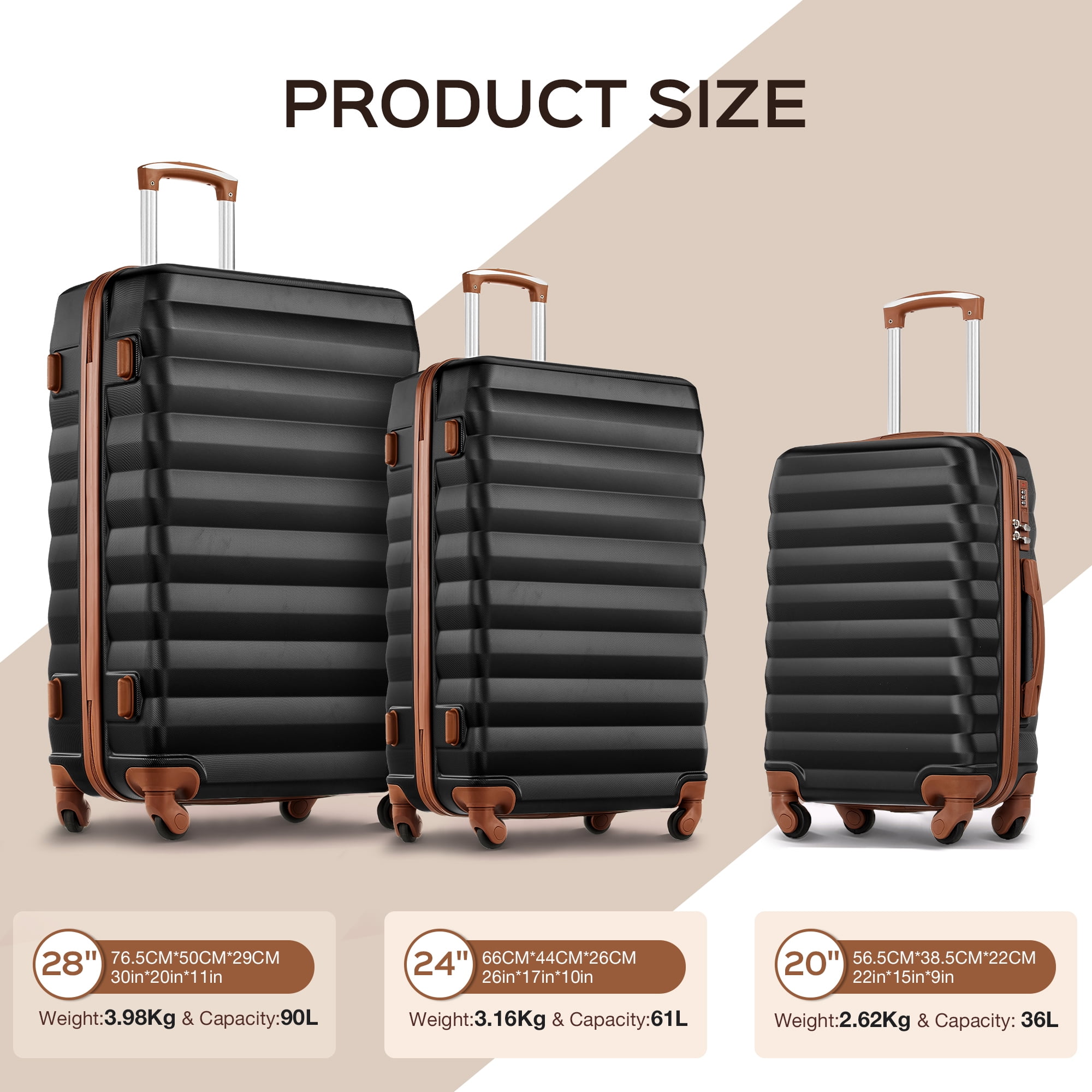 9 Piece Luggage Sets, Hard 20 24 28 inch Luggage with 6 Pieces Organize Bags Travel Suitcases Sets with Wheels, Black&Brown