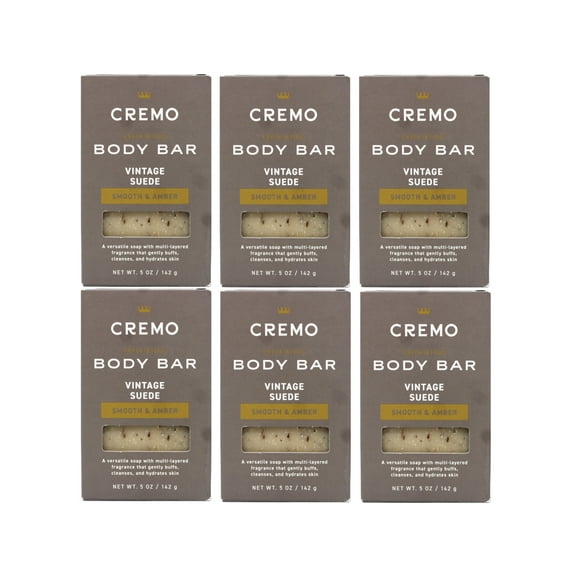 6 Pack - Cremo Vintage Suede Exfoliating Body Bar for Men, Multi-Layered Fragrance, Cleanses and Hydrates Skin, Smooth & Amber, 5 OZ