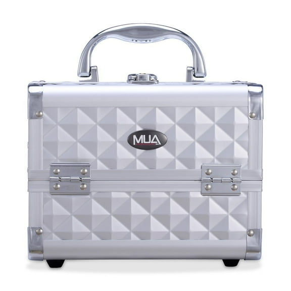 Mini Makeup Train Case 9.5" Aluminum Professional Cosmetic Organizer Box with Mirror (Silver Diamond)