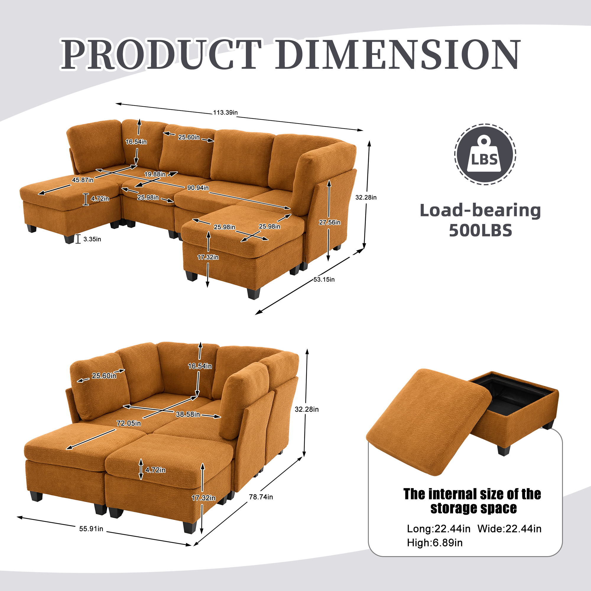 MOONMISS 6-Seat Polyester Upholstered U-Shaped Modular Storage Sleeper Sectional Sofa with Storage Ottoman-Orange