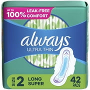 Always Ultra Thin Pads with Wings, Size 2, Long Super Absorbency, 42 Count