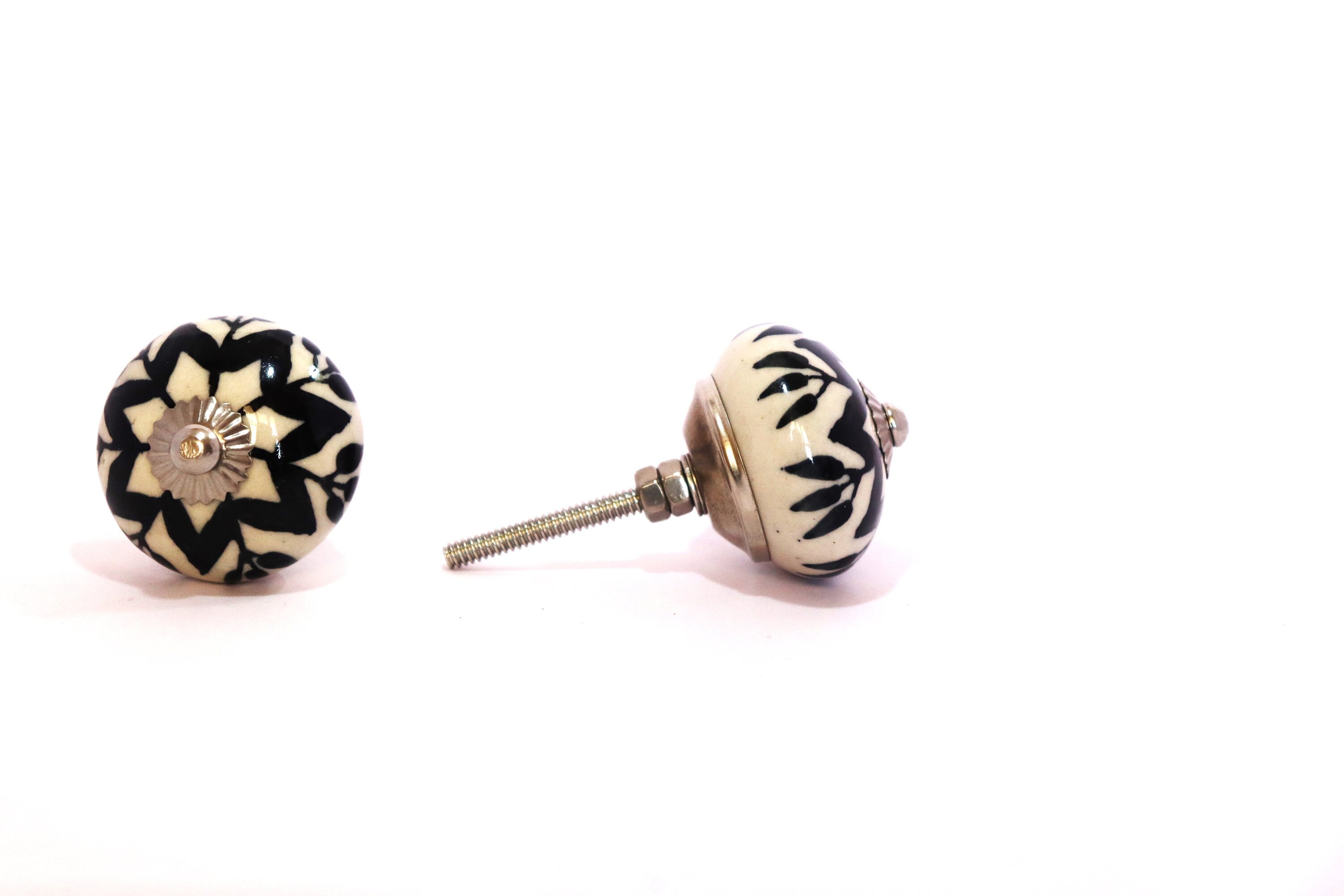 10 PC of Cabinet Ceramic Knobs | Classic Black Designs| Drawer Closet Dresser Wardrobe Furniture Door| Nuts & Bolts Included