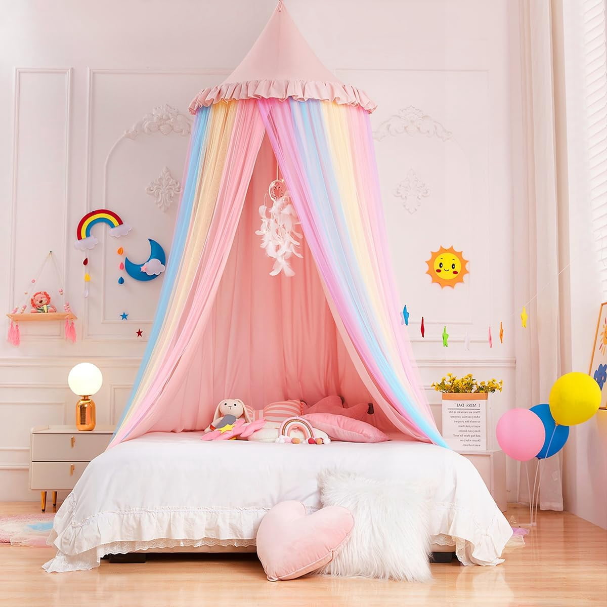 Rainbow Bed Canopy Dreamy Mosquito Net for Bed Round Dome Princess Bed Canopy Room Play Tent Canopy Bed Netting Curtains (Beige Pink Rainbow)