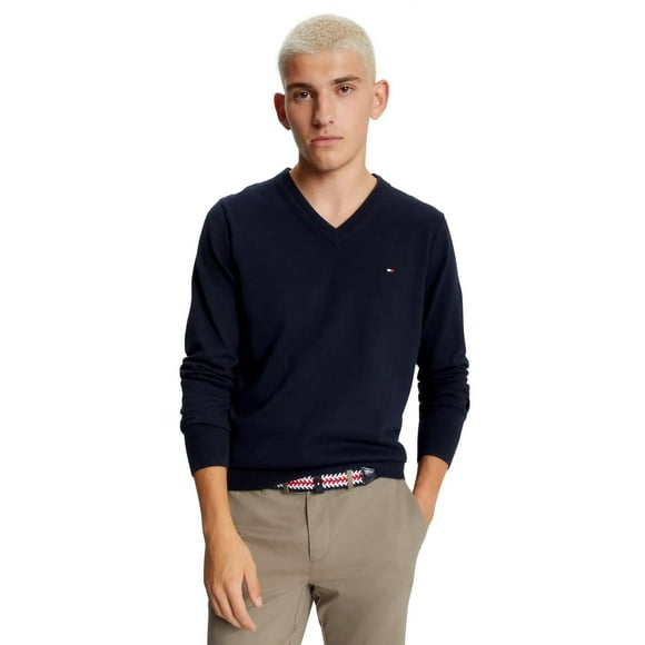 Jersey Tommy Hilfiger para hombre, colección 2024, cuello en V, azul marino, XXL