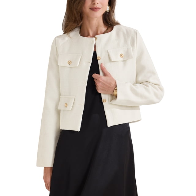 CHAQUETA DE TRABAJO DE TWEED RECORTADA DE MANGA LARGA CON BOTÓN DE INSPIRE CHIC S BLANCA