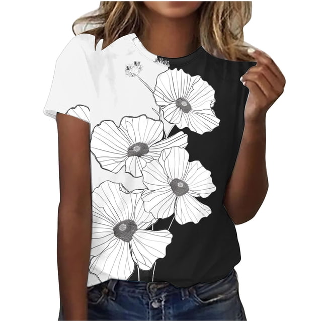 Tops de Ajuste Suelto para las Mujeres Impreso Manga Corta Suéter Camiseta Cuello Redondo Blusa Casual, Top de Moda para el Uso Diario Y las Salidas