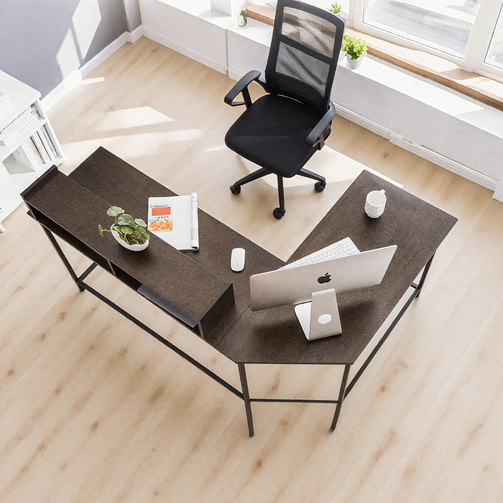 MCombo 62" L Shaped Computer Desk with Storage Hutch, Large Home Office Desk with Monitor Stand, Corner Desk for Living Room Bedroom, Dark Brown