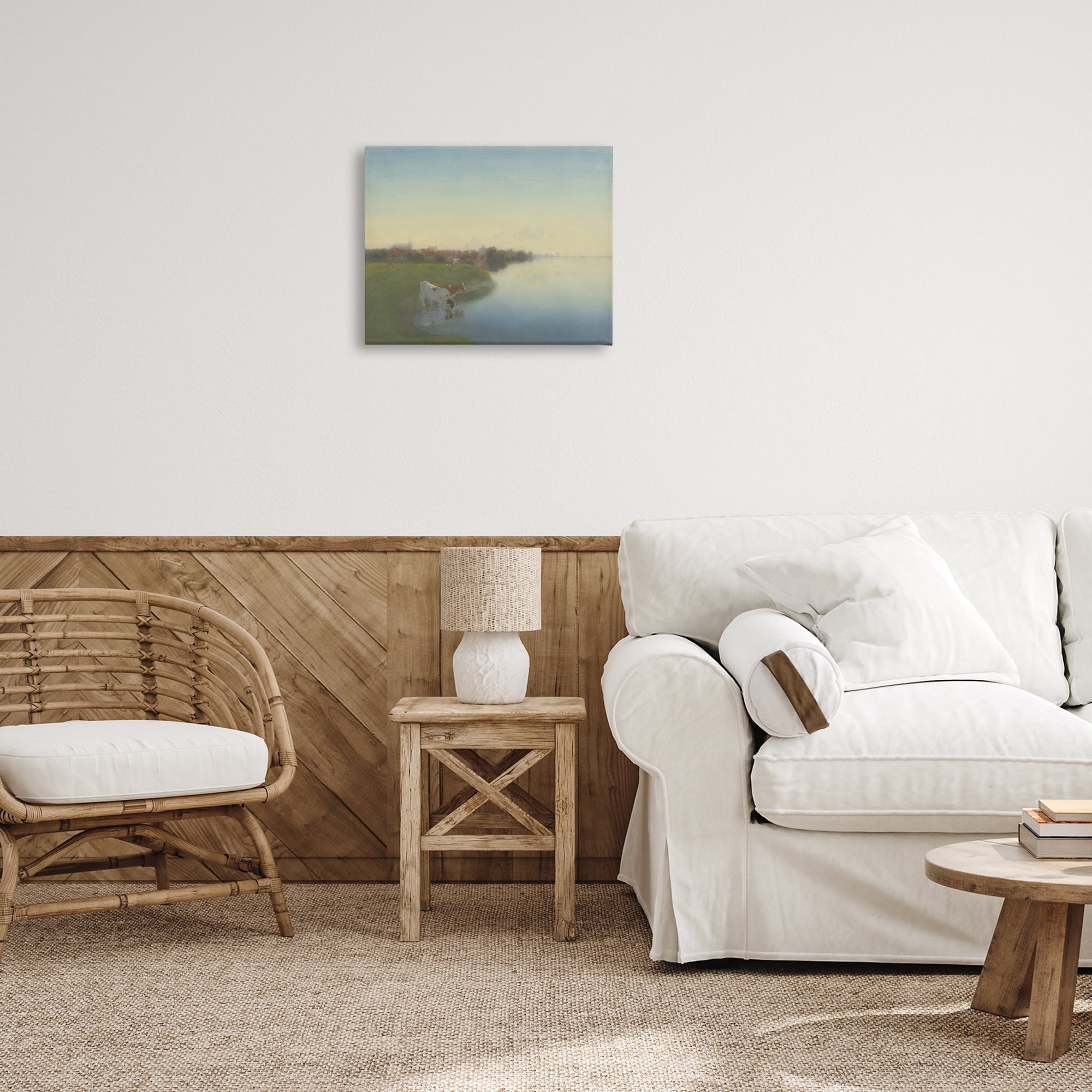 Stupell Industries Cows in Serene Shore Landscape & Nature Painting Wrapped Canvas Art Print Wall Art, 20 x 16