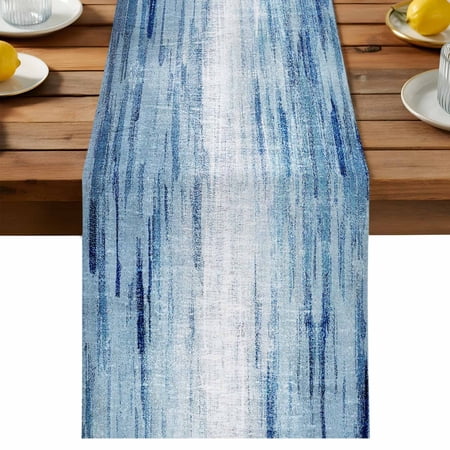 Retro Blue Table Runner Texture Abstract Modern Ombre Cotton Linen Table Cloth Tablerunner for Kitchen Dining Party Wedding Home Decor 13x90 Inch