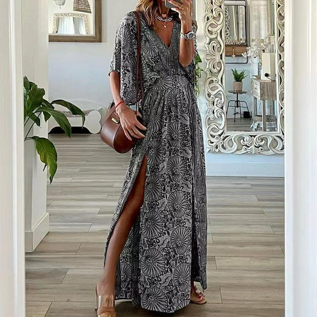EGNMCR Robes d'Été Femmes Tendance 2024 Mode Femmes Col en V Imprimé Manches Courtes Patchwork Décontractée Longue Robe