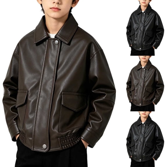 Boy's Leather Long Sleeve Zip Up Jacket Fashion Casual Lapel Oversized Bomber Jackets Solid Color Fall Winter Loose Outwear