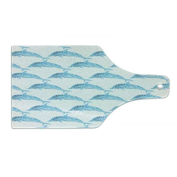 Sea Animals Cutting Board, Aquatic Dolphin Leaf Ornamentals Abstract Art Playful Fish, Decorative Tempered Glass Cutting and Serving Board, Wine Bottle Shape, Blue White, by Ambesonne