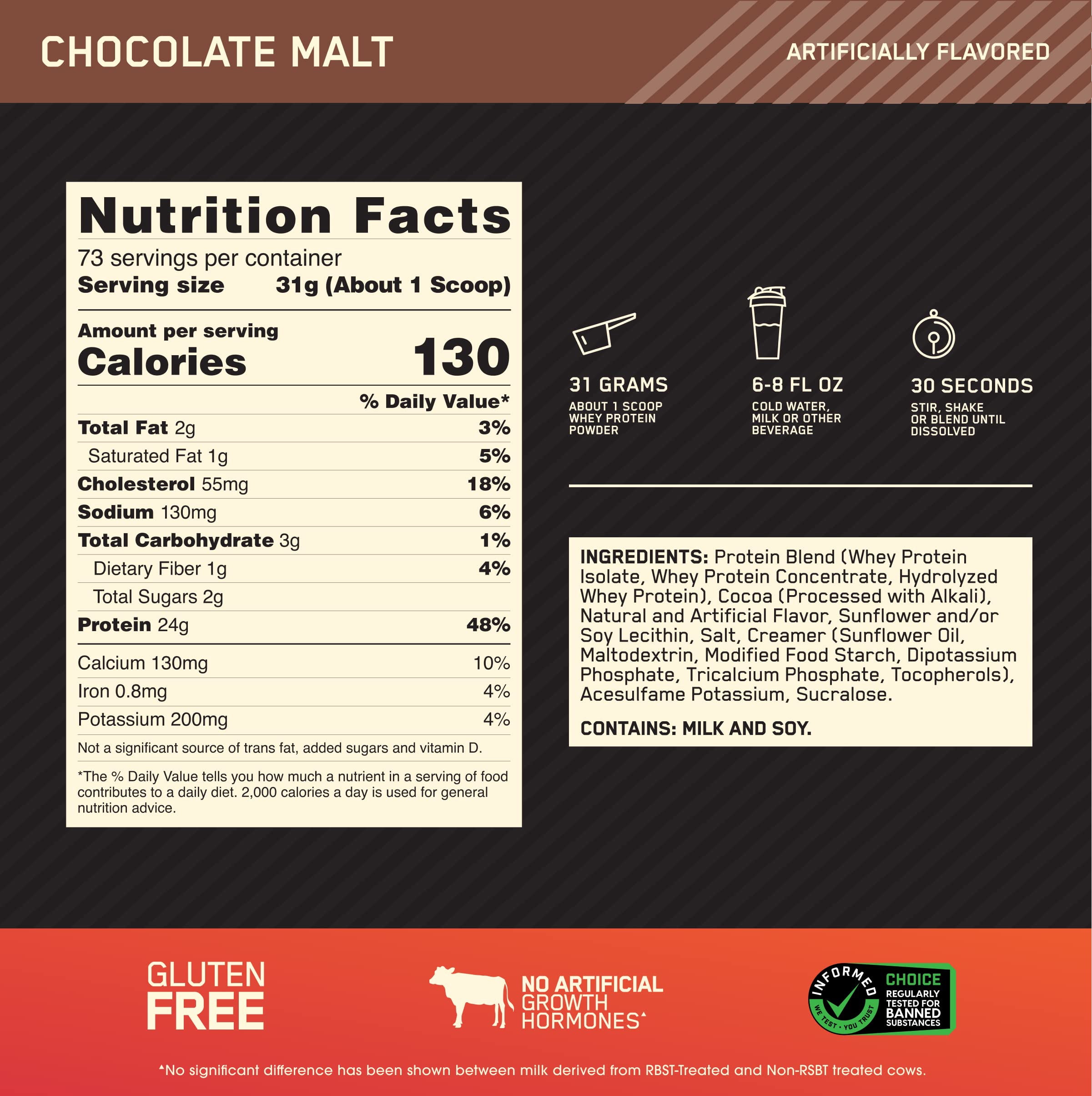 Optimum Nutrition Gold Standard 100% Whey Protein Powder, Chocolate Malt, 24g Protein, 5 LB