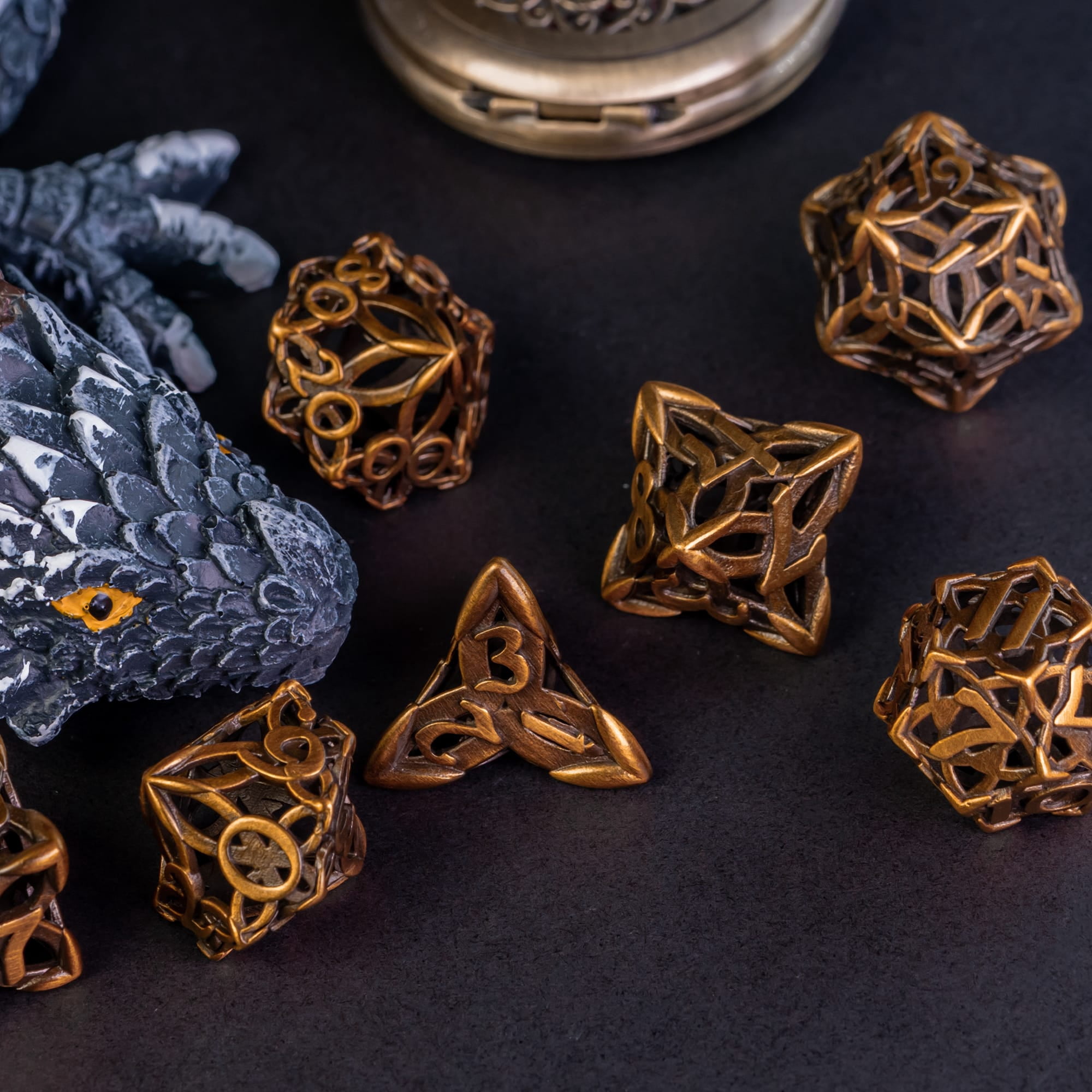 Cusdie Hollow Metal Dice, Celtic Knot D&D Dice, 7 Pcs Metal Dice Set, Polyhedral Dice Set, for Role Playing Game MTG Pathfinder