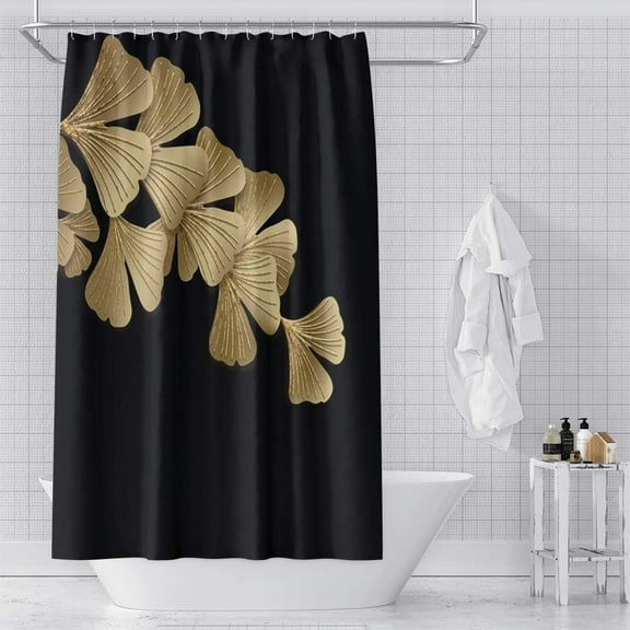 Golden Ginkgo Leaf Shower Curtain Modern Black Yellow Artwork for Bathroom Decor Fabric Bathtub Shower Curtain Liner with Hooks-72"W x 74"L (Pack of 1)