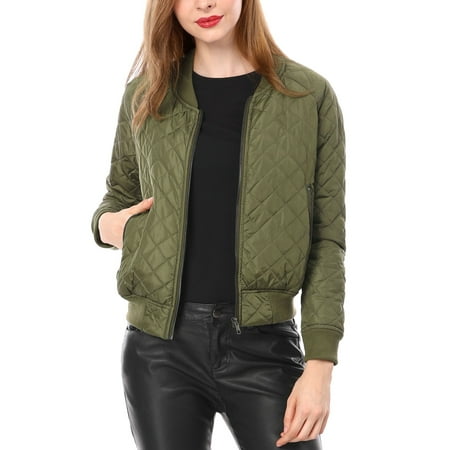 Allegra K Women's Quilted Zip Up Raglan Sleeves Bomber Jacket Coat Green XS