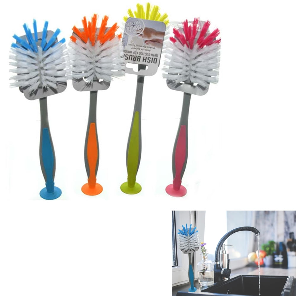 3pcs Yellow-Green CLNER Scrub Brush for Dishes Kitchen Sink Bathroom Cleaning with Stiff Bristles Built-in Scraper Comfortable Handle 