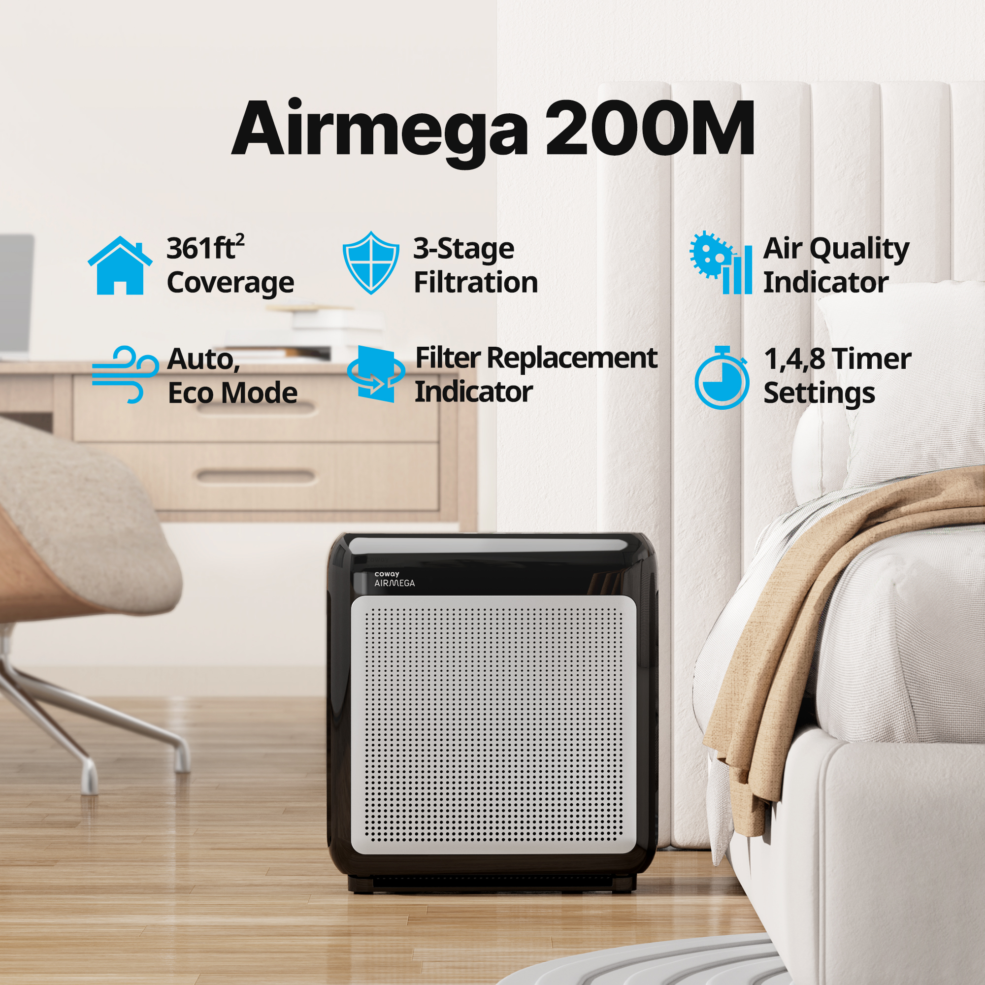 Coway Air Purifier Airmega 200M True HEPA with 361 sq. ft. Coverage in Black - image 2 of 12