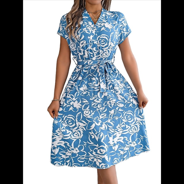 Vestidos de Verano Fluidos con Cuello en V y Mangas Florales para Mujer 2025 Azul S
