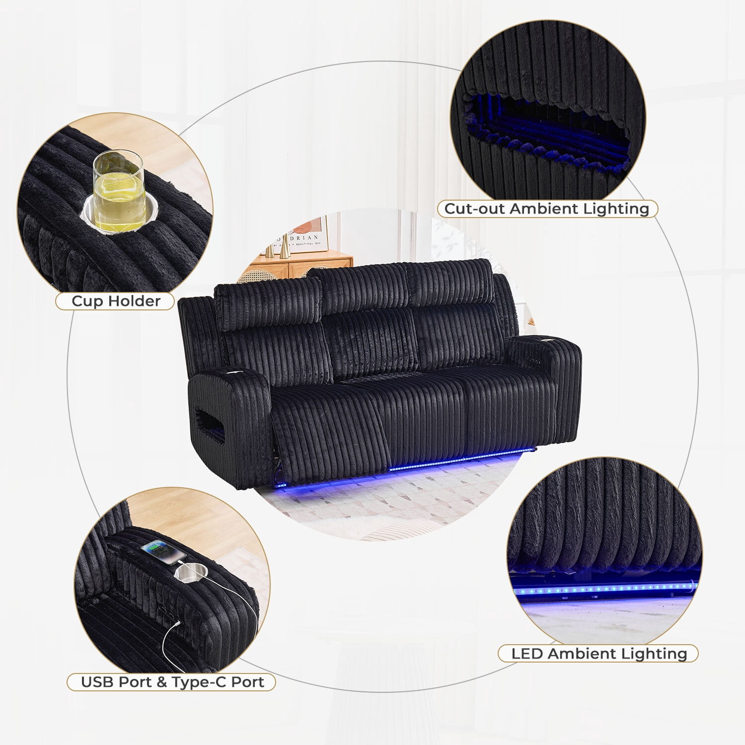 3PCS Power Zero Gravity Reclining Sofa Set with Adjustable Headrests,Bluetooth Speakers,Reading/LED Lights,Type C/USB Port,Cup Holders,Storage Console,Faux Fur Electric Couch,Loveseat,Recliner,Black