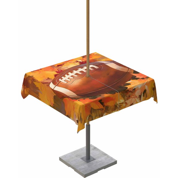 Fsddascl Fall Football Outdoor Tablecloth - 60x60 Inch Square Dining Table Cover, Thanksgiving Maple Leaf Orange Yellow Waterproof Outdoor Table Cloth with Umbrella Hole & Zipper for Picnic/Patio