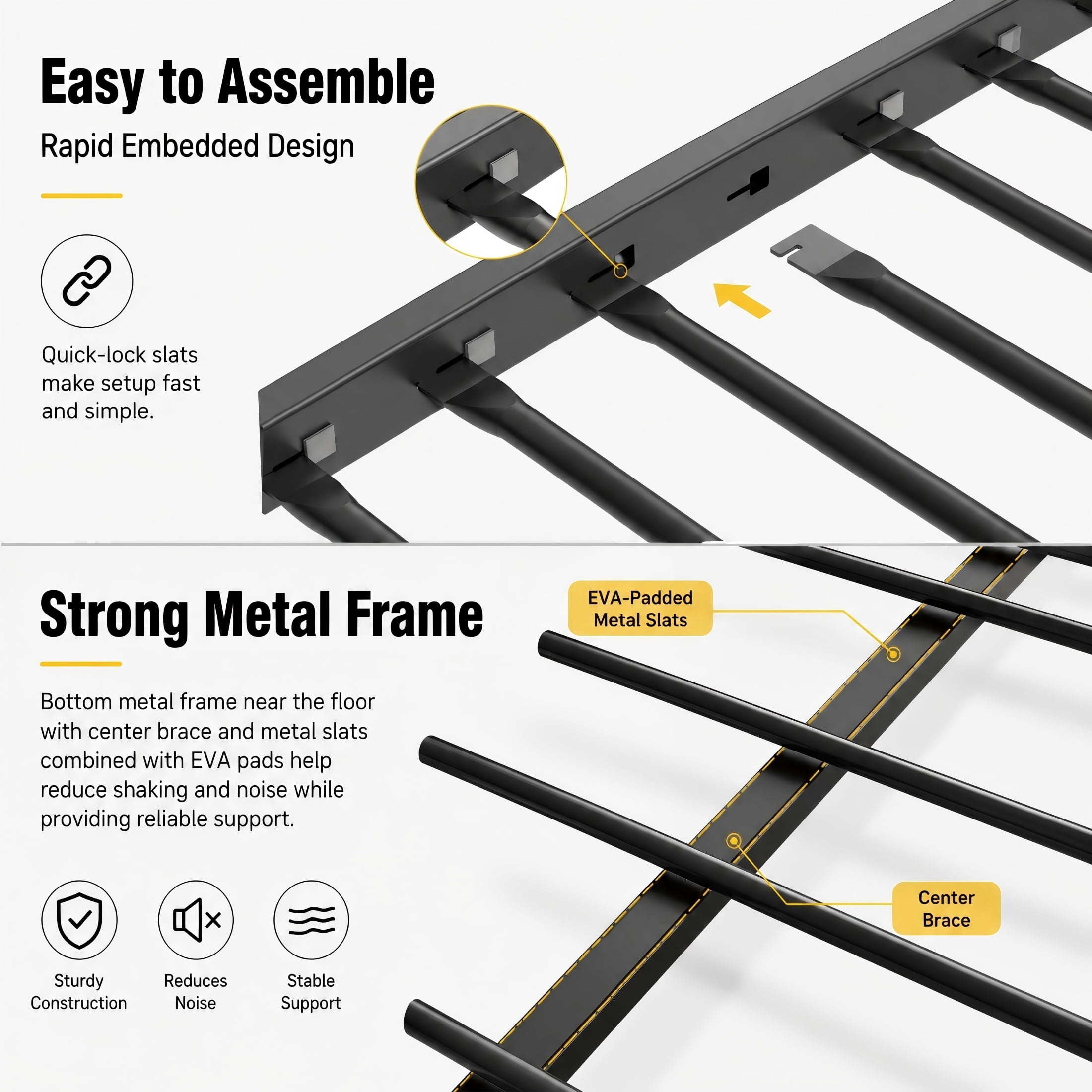 Aukfa Twin over Full Metal Bunk Bed for Kids and Adults, Low Profile Bunk Bed, Heavy-Duty Steel Slats, No Box Spring Needed, Black