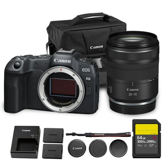 Canon EOS R8 Mirrorless Camera | 24.2MP Full Frame Sensor 4K 60p Video | Compact Lightweight Hybrid Camera for Travel and Content (5803C002)   Canon RF 28-70mm Lens   64GB Card   LP-E17 Battery   Bag