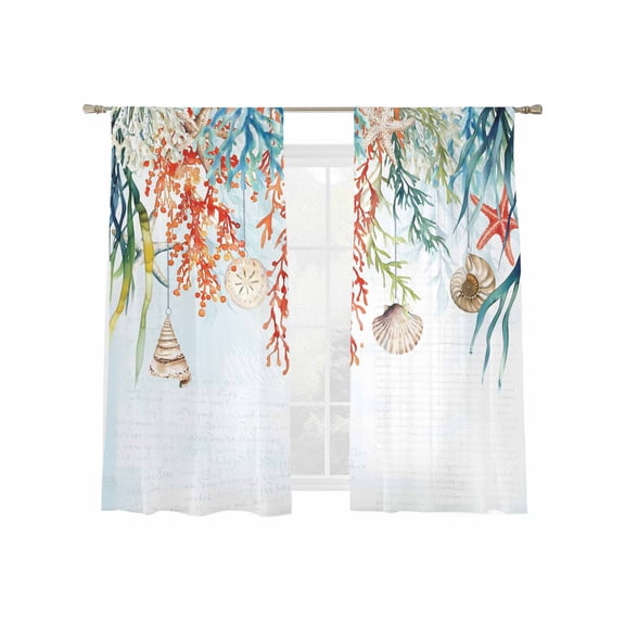 Summer Coastal Sheer Curtains 2 Panels Set Coral Seaweed Shell Starfish Sheer Window Curtains Light Filtering Rod Pocket Voile Drapes for Bedroom Living Room 52"X72"