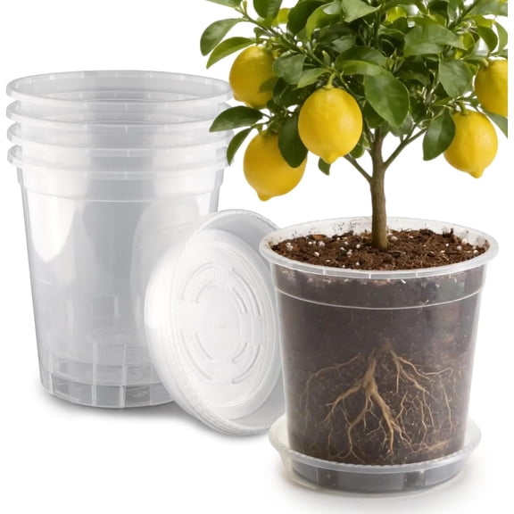 5 Gallon Clear Nursery Pots with Saucers 5P, 12 Inch Round Plastic Plant Pots with Drainage Holes