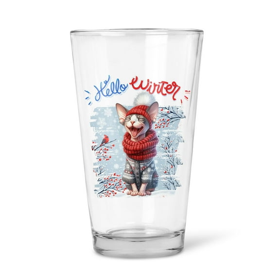 Hello Winter Sphynx Smiling in Red Scarf Hat Welcome Christmas 16oz Pint Beer Glass Mug Cat Lover Kitten Owner Gifts Idea Beer Glasses Cup - 00017