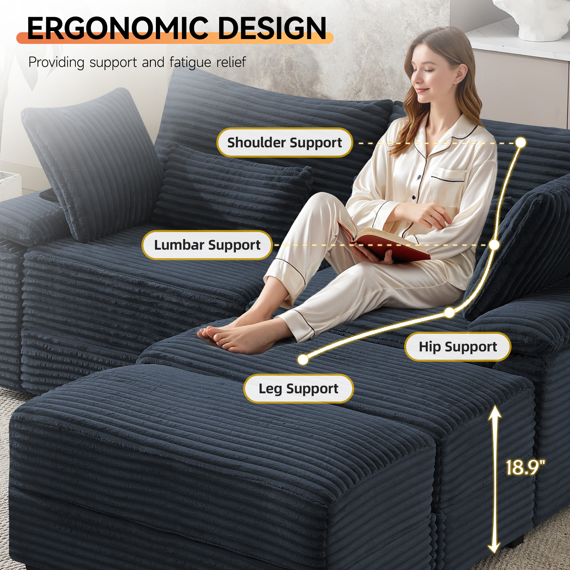 Corduroy Upholstered Sofa for Living Room,Modern Deep Seat Comfy Loveseat Couch with 2 Ottomans,Blue