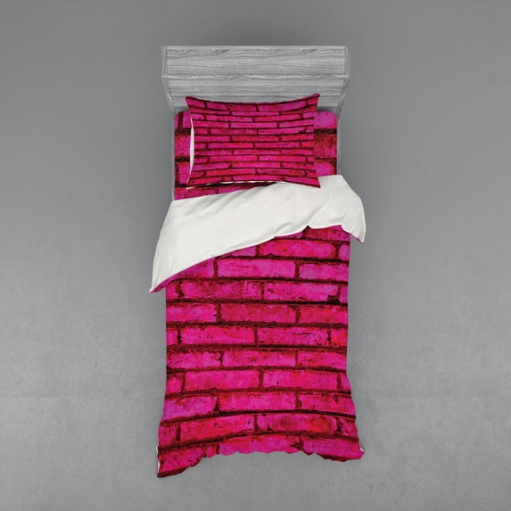 Urban Duvet Cover Set, Colored Brick Wall Geometric Grunge Detailed City Fashion Building Theme, Bedding Set with Shams and Fitted Sheet, 3 Sizes, by Ambesonne