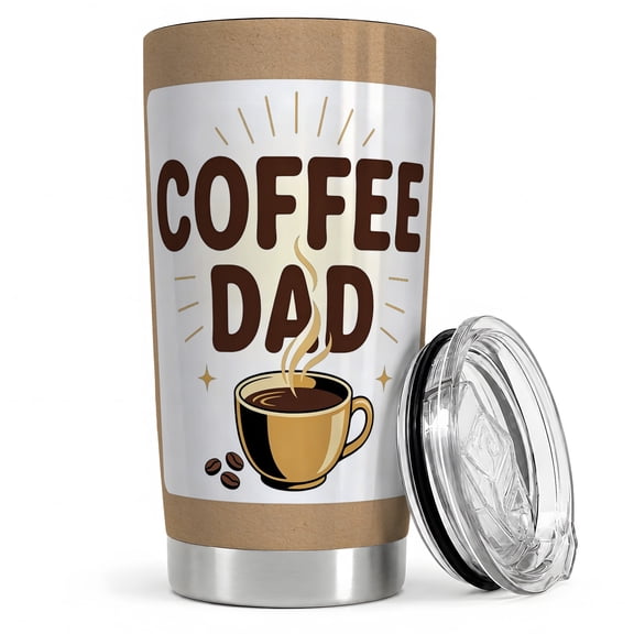 Coffee Dad Cup Illustration 20oz Tumbler, Coffee Dad Tumbler, Morning Brew Drinkware, Brown Lettering With Steam Mug Beans And Sparkle Accents, Caffeine Theme, Fathers Who Love Mornings