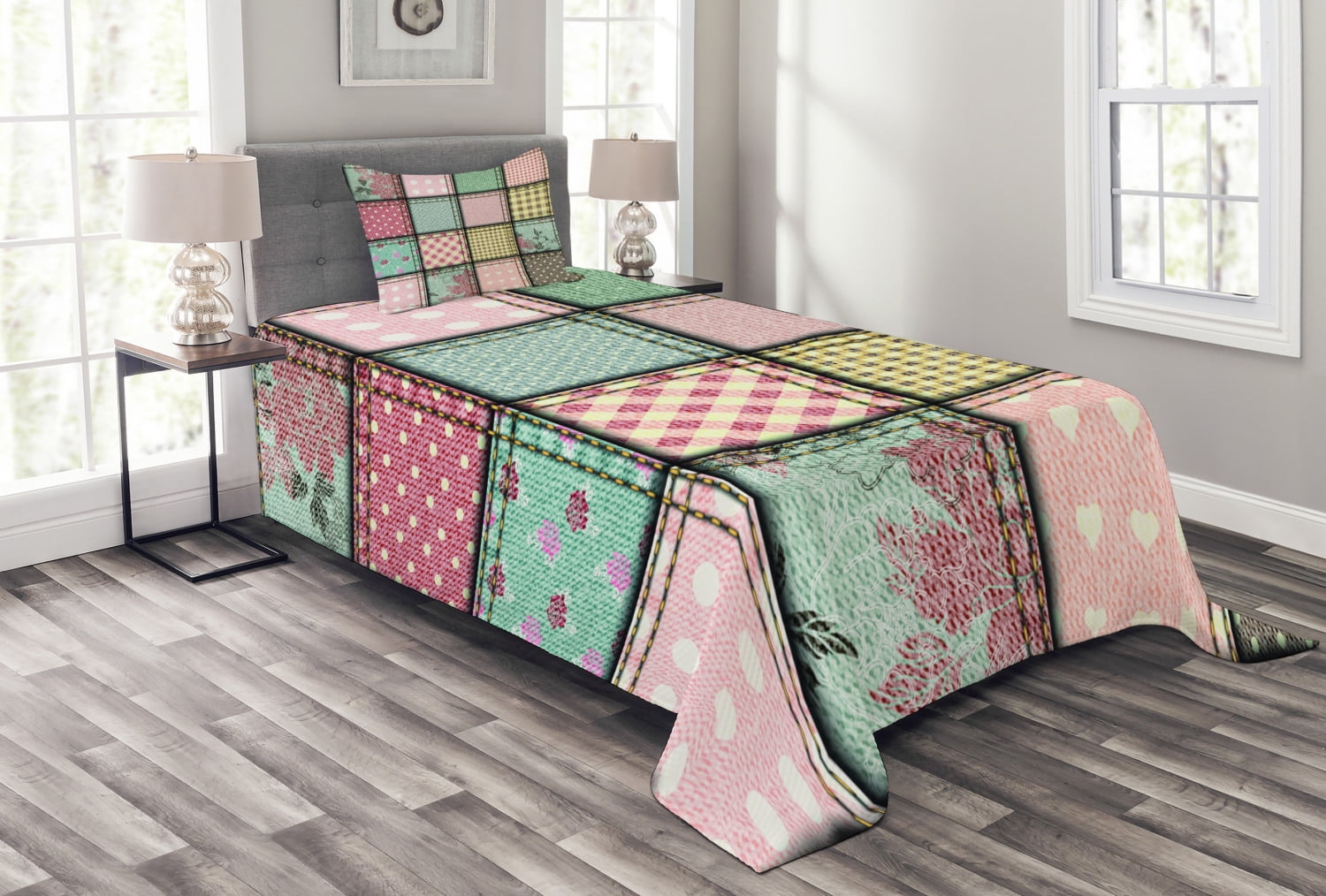 Shabby Chic Bedspread Set Twin Size, Patchwork Denim Seem Fabric Pieces