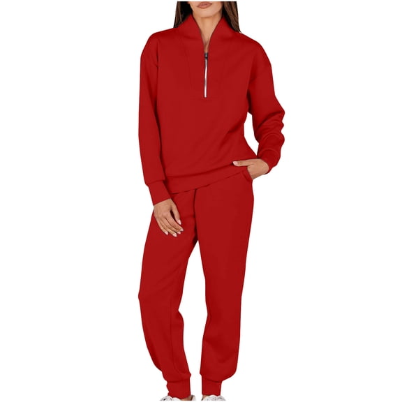 UAMVSH Sweatsuits Women 2 Piece Outfit Quarter Zip Sweatshirts Matching Jogger Pants Set Fall Winter Long Sleeve Lounge Set with Pockets