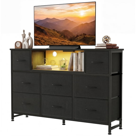 edx TV Stand with 8 Fabric Drawers, Open Shelves & LED & Power Outlets for Bedroom, Living Room, Entryway, Wood Top, Black