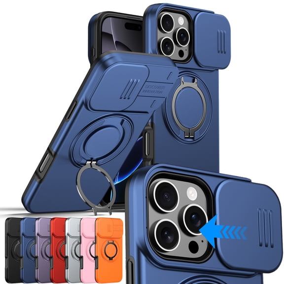 Sanwo for iPhone 16 Pro Max Case, 360° Rotatable Ring Kickstand with Slide Camera Cover, Heavy Duty Dual Layer PC TPU Protective Case,Blue