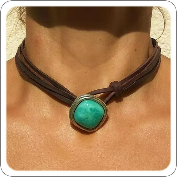 Western Turquoise Necklace for Women Country Concert Outfits Cowboy Chic Bohemian Brown Suede Choker Necklace Boho Wrap Necklaces Jewelry Cowgirl Accessories