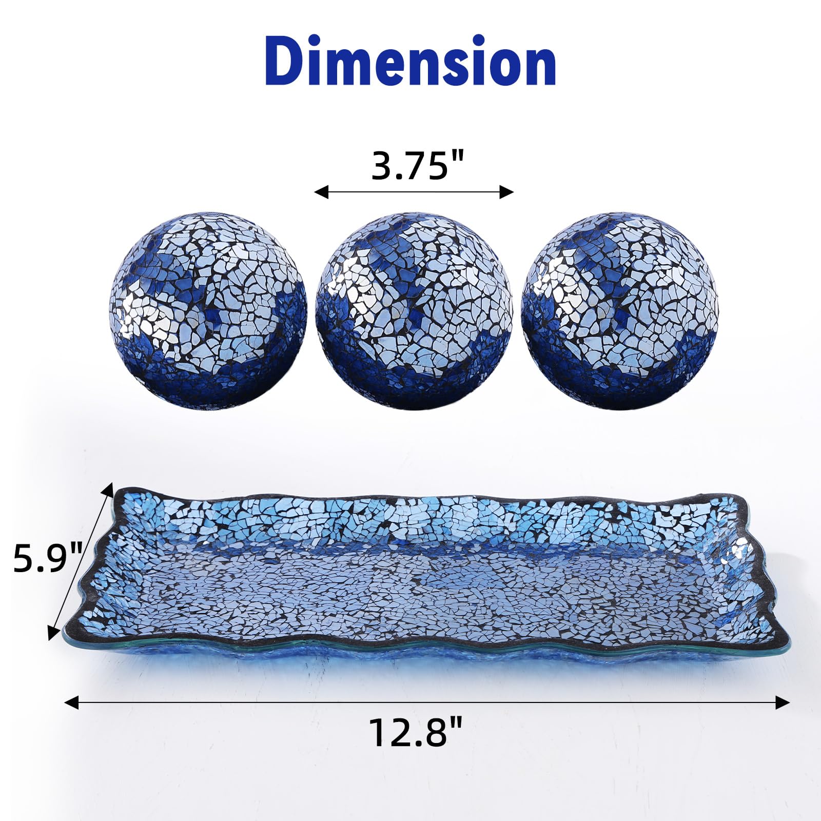 VORREN 3pcs Mosaic Decorative Balls with Tray, Glass Orbs with Plate, 12.9" Mosaic Glass Tray, 3" Centerpiece Sphere Balls for Dining Table Coffee Table Home Decor Wedding Party Decor, Gift Blue C21
