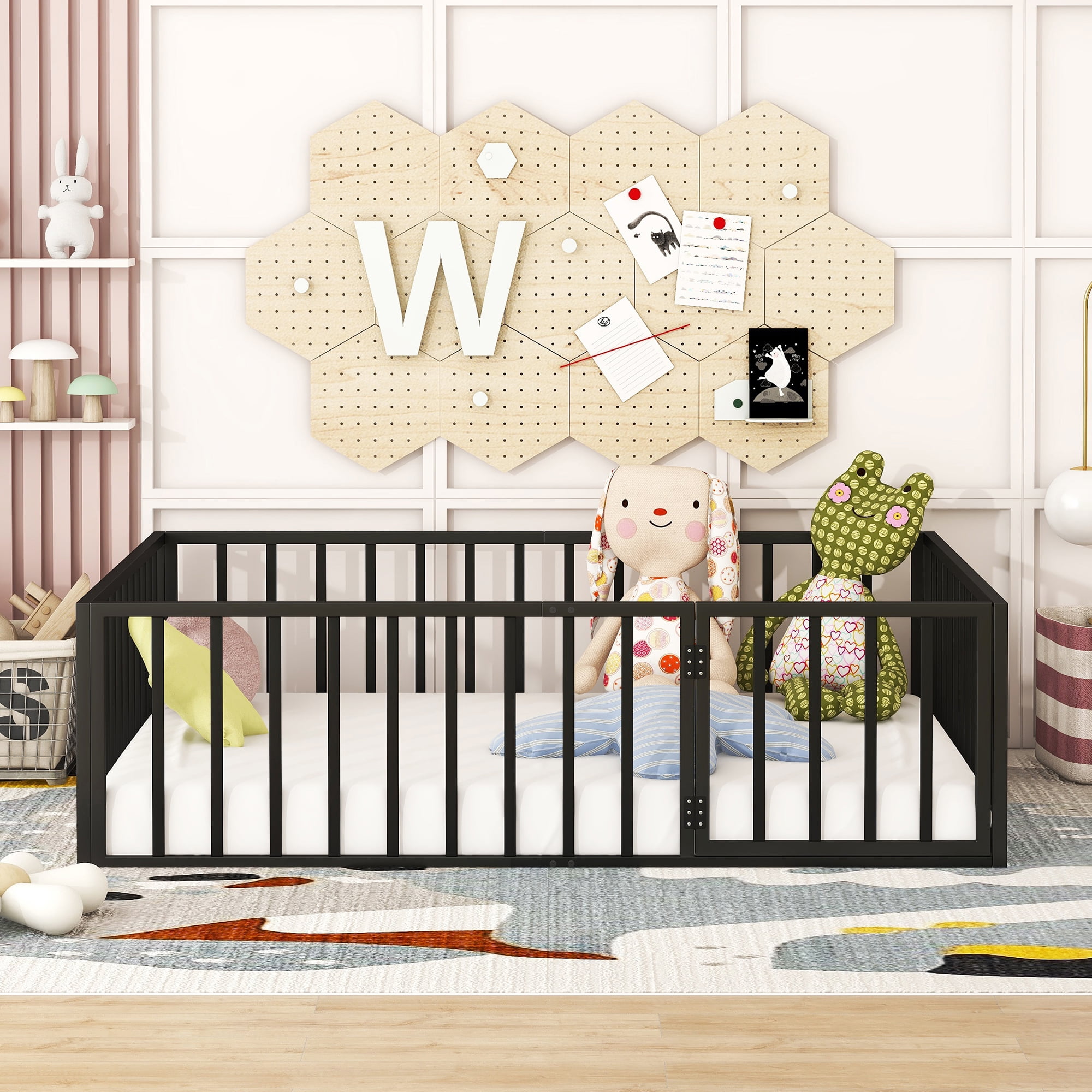 Aukfa Full Size Metal Bed Frame with with Fence and Door, Floor Bed for Kids Toddler, Black