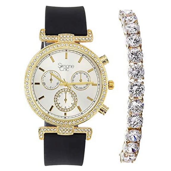 Stand Out Get Noticed! Big Face Ladies Bejeweled Rubber Iced Out Colorful Watch with Genuine Rhinestone Diamond Accents - Touch of Female Celebrity Glamour - ST10385T Black Tennis